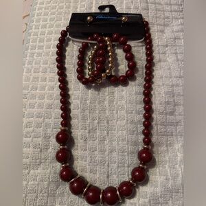 Rainbow Burgundy and Gold Beaded Necklace Set